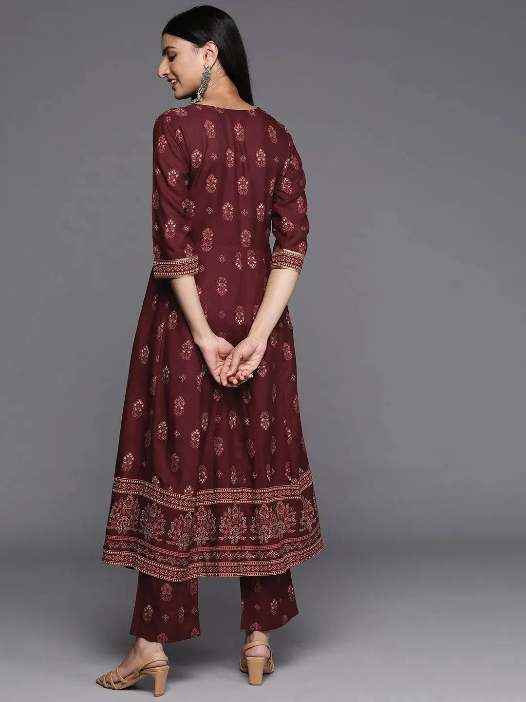 Maroon Printed Rayon Anarkali Kurta - Libas 