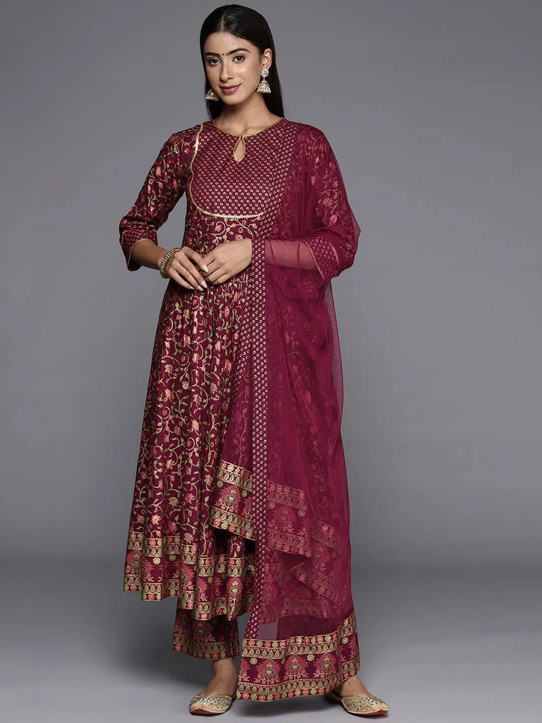 Libas Maroon Printed Rayon Anarkali Suit With Dupatta
