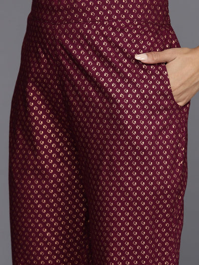 Maroon Printed Rayon Anarkali Kurta With Trousers & Dupatta - Libas