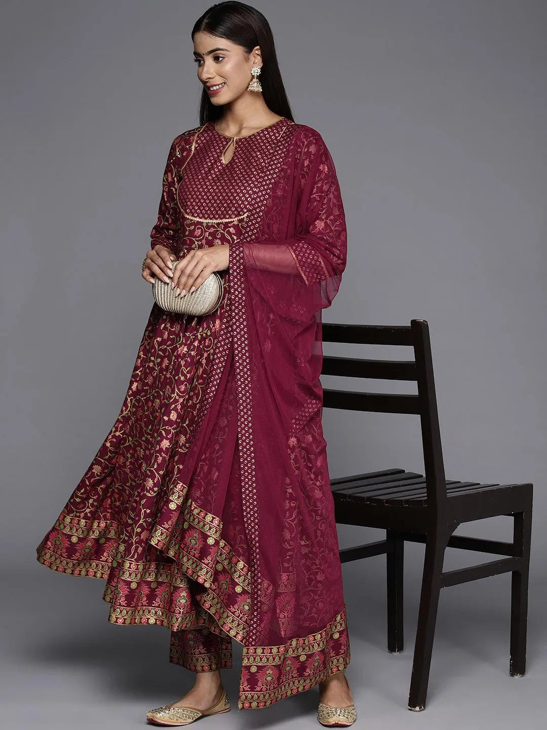 Maroon Printed Rayon Anarkali Kurta With Trousers & Dupatta - Libas 