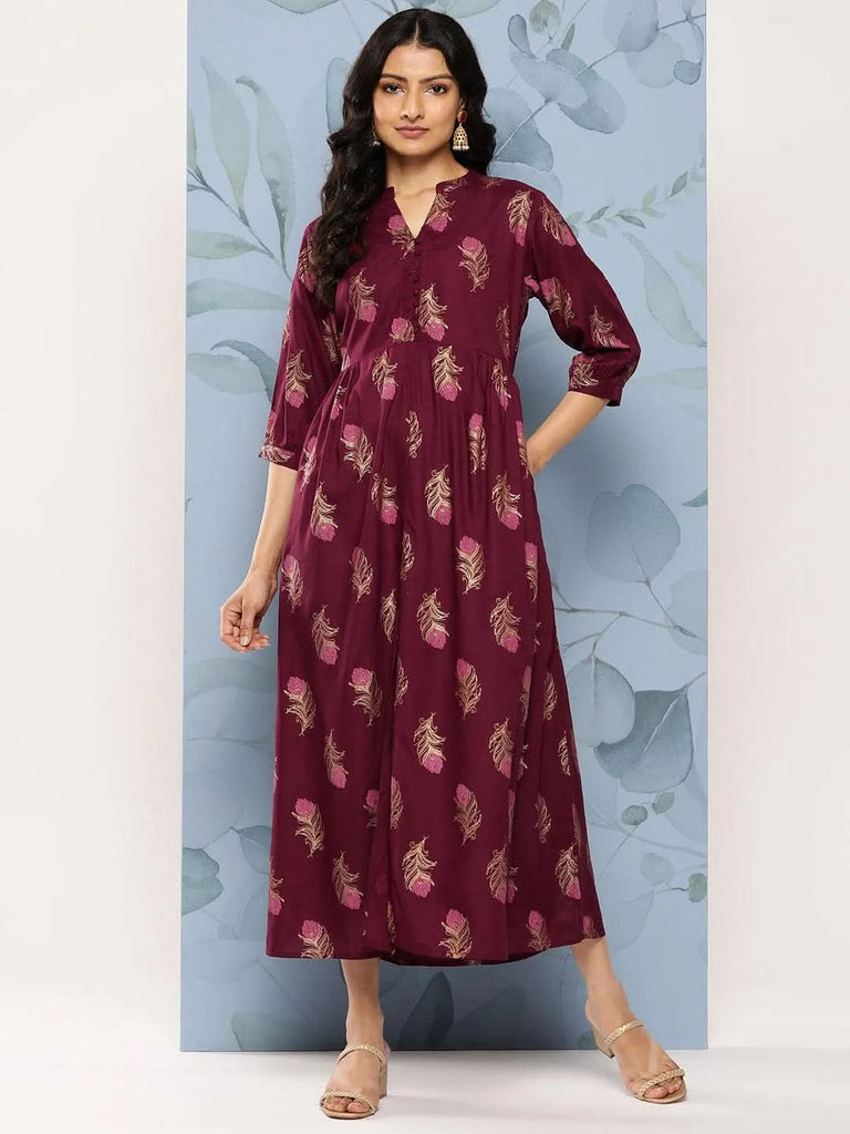 Libas Maroon Printed Rayon Fit and Flare Dress