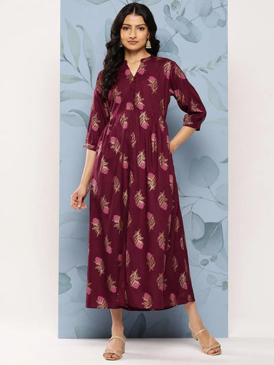 Maroon Printed Rayon Fit and Flare Dress - Libas