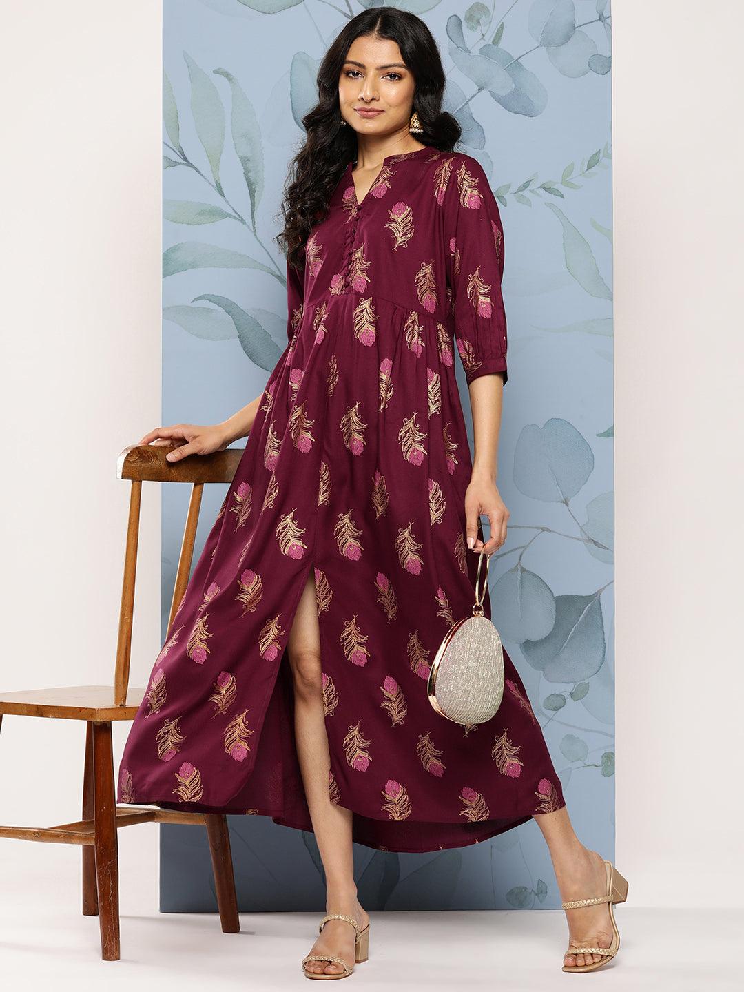 Maroon Printed Rayon Fit and Flare Dress
