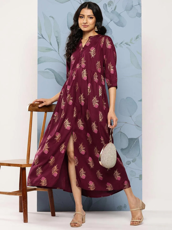 Maroon Printed Rayon Fit and Flare Dress - Libas