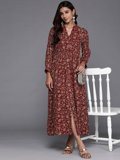 Maroon Printed Rayon Fit and Flare Dress - Libas