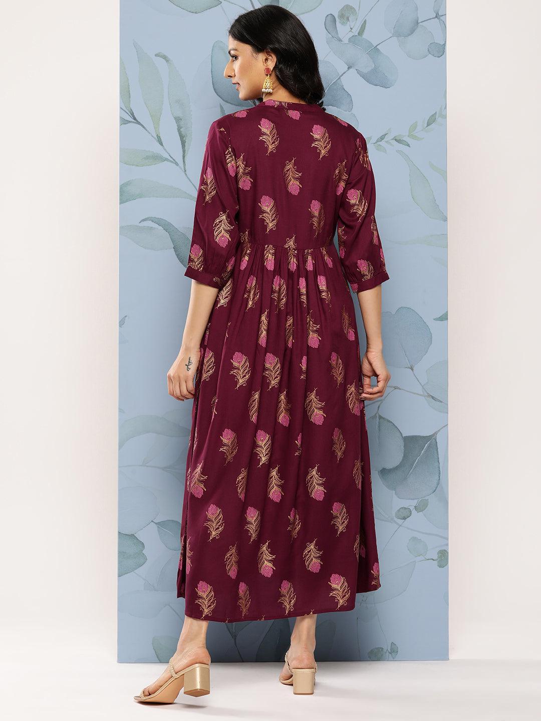 Maroon Printed Rayon Fit and Flare Dress