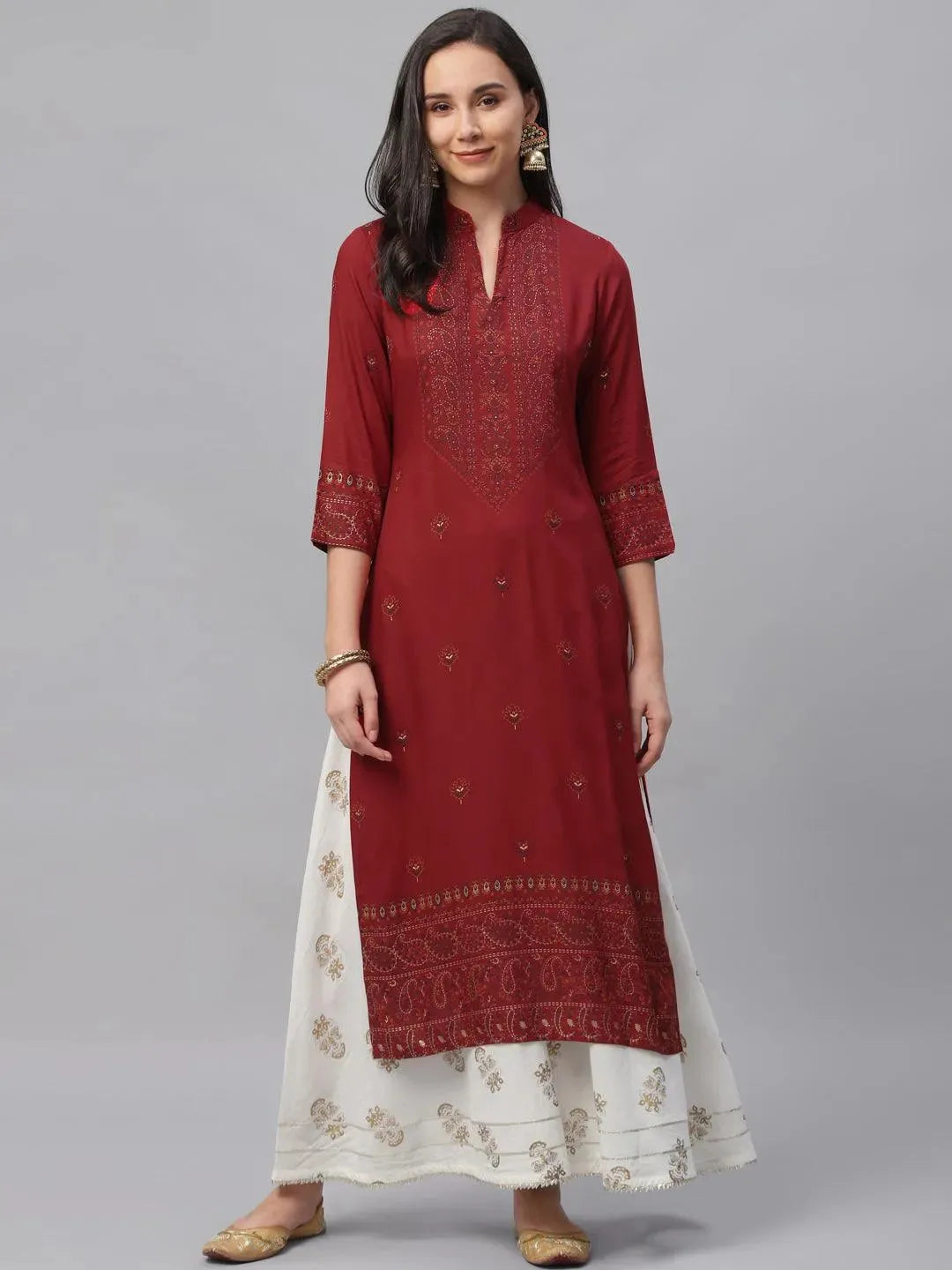 Maroon Printed Rayon Kurta - Libas