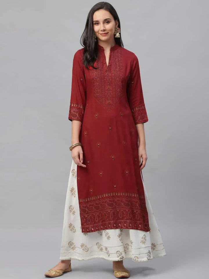 Maroon Printed Rayon Kurta - Libas
