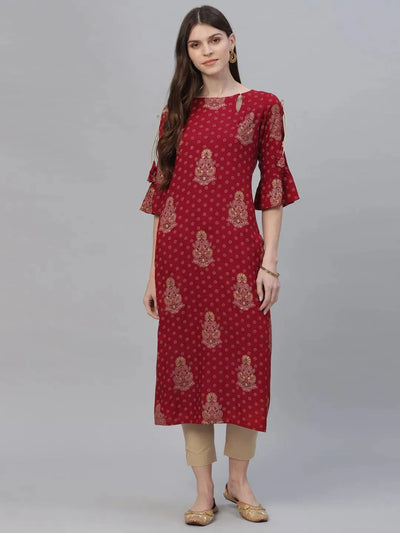 Maroon Printed Rayon Kurta - Libas