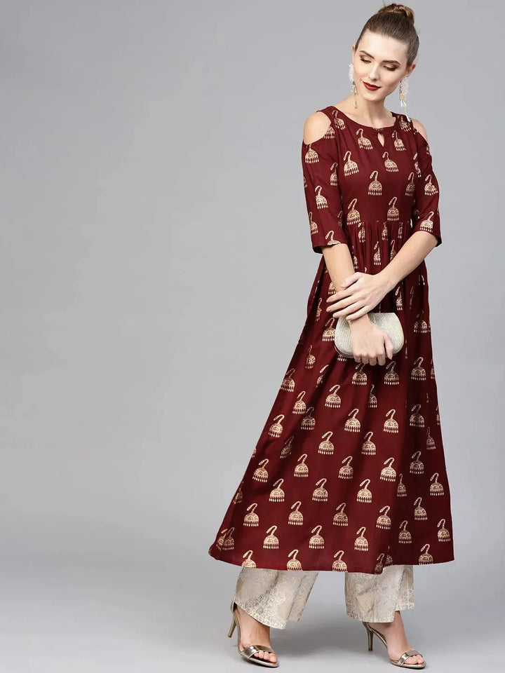Maroon Printed Rayon Kurta - Libas
