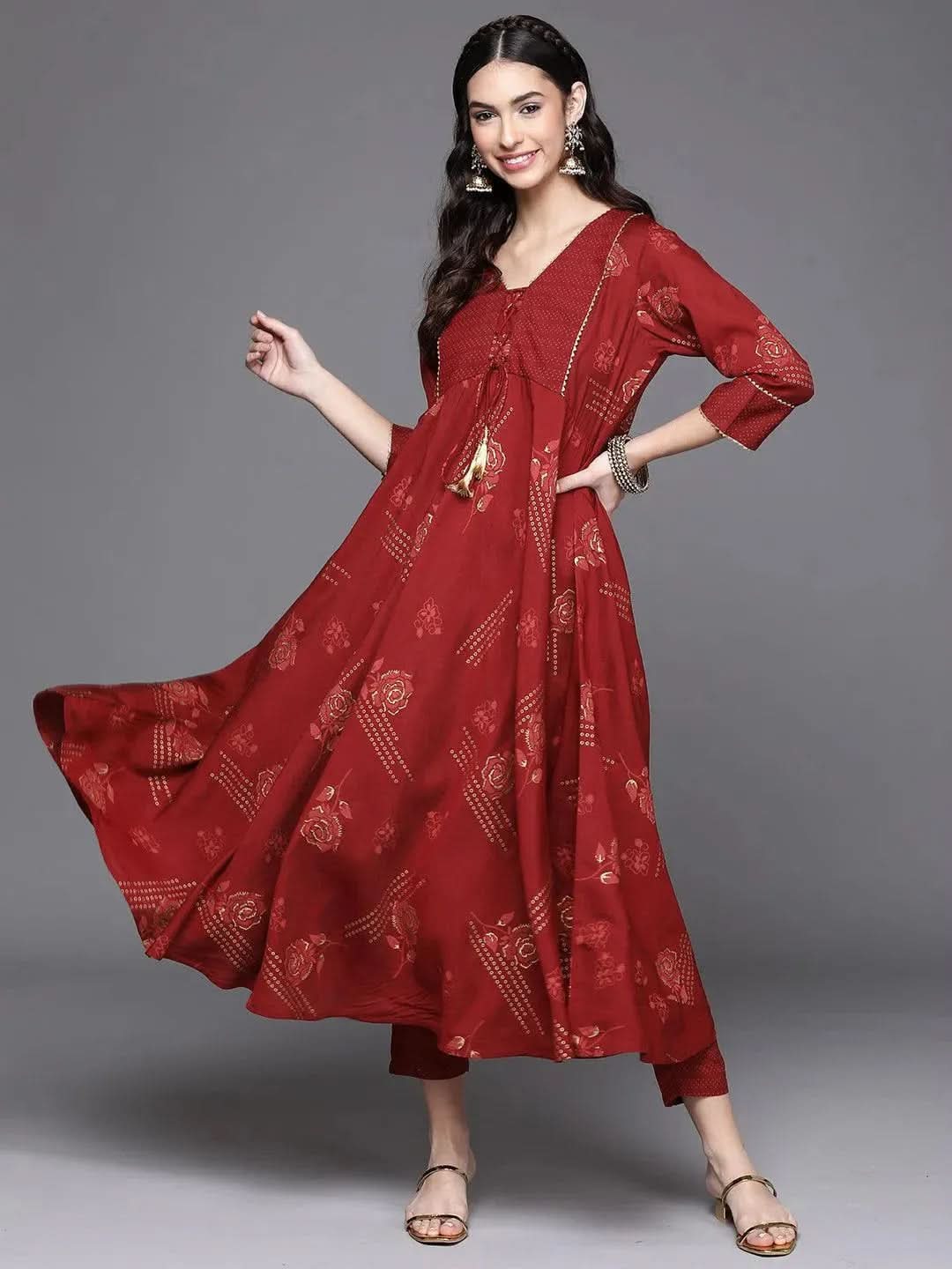 Maroon Printed Rayon Kurta - Libas