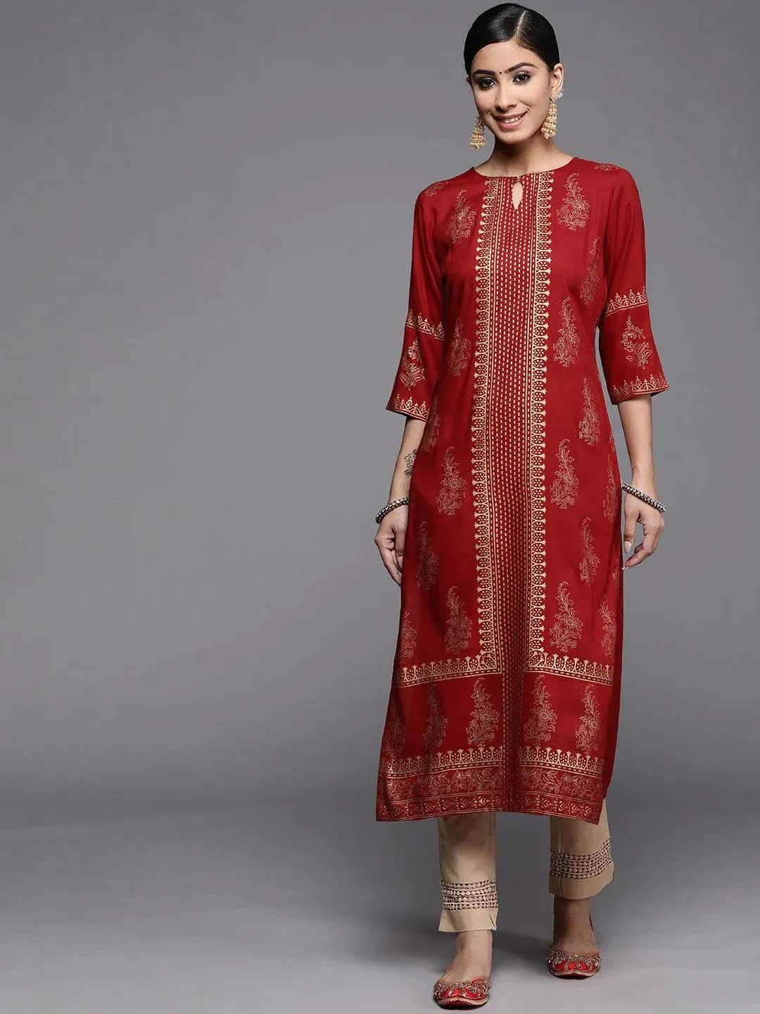 Maroon Printed Rayon Kurta - Libas