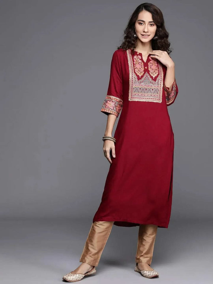 Maroon Printed Rayon Kurta - Libas