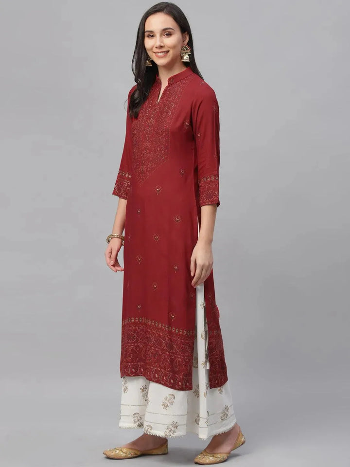 Maroon Printed Rayon Kurta - Libas