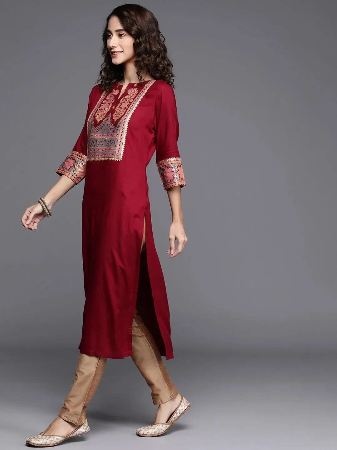 Maroon Printed Rayon Kurta - Libas 