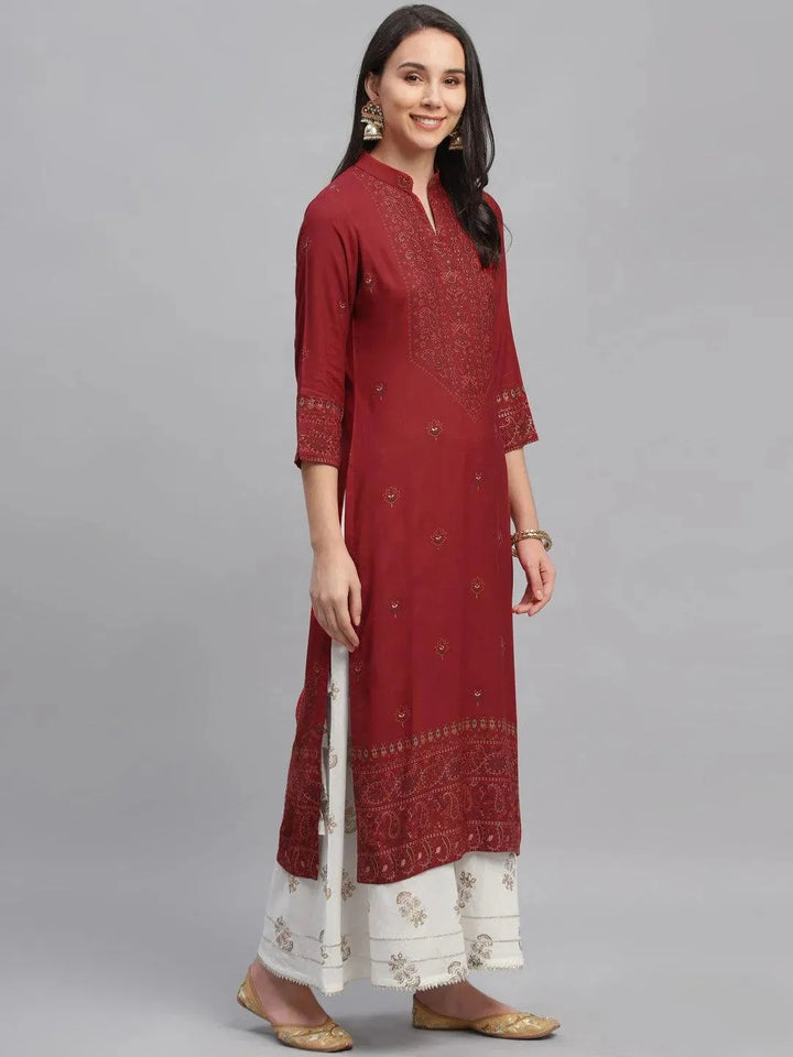 Maroon Printed Rayon Kurta - Libas