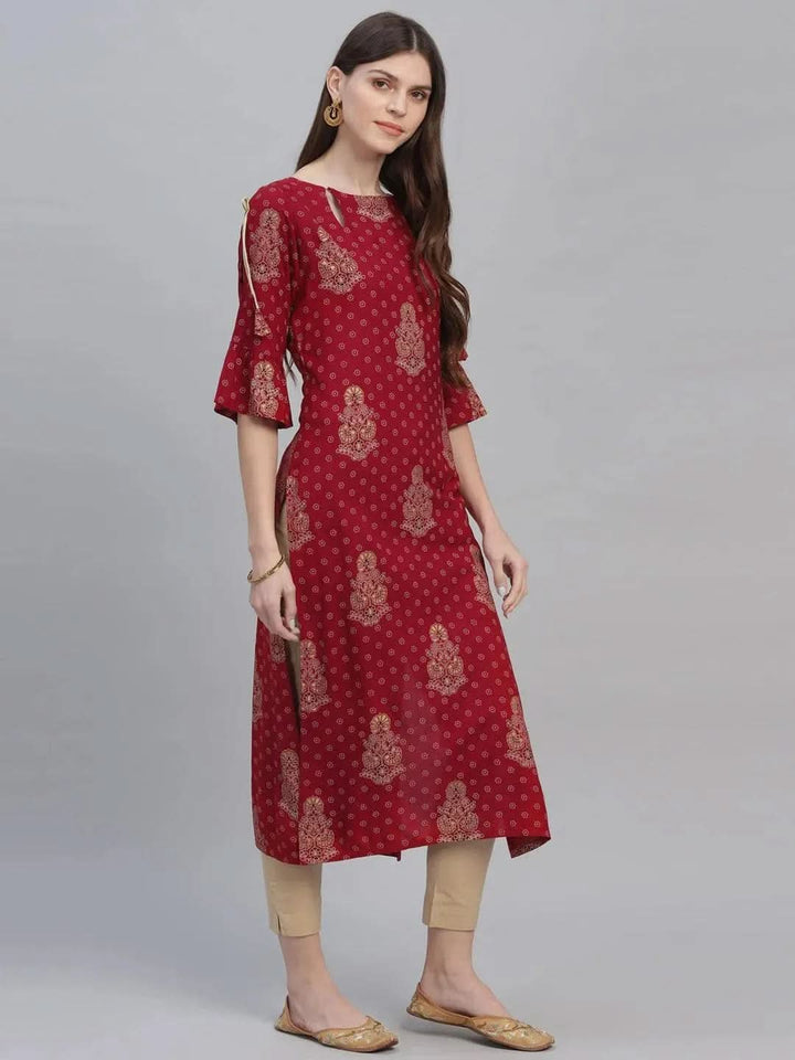 Maroon Printed Rayon Kurta - Libas
