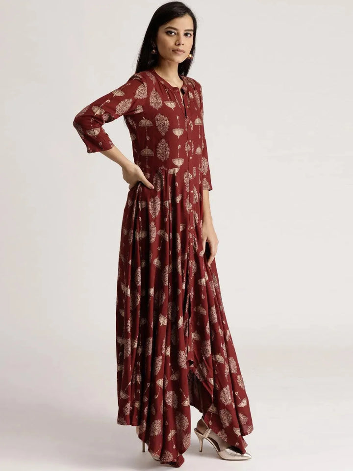 Maroon Printed Rayon Kurta - Libas