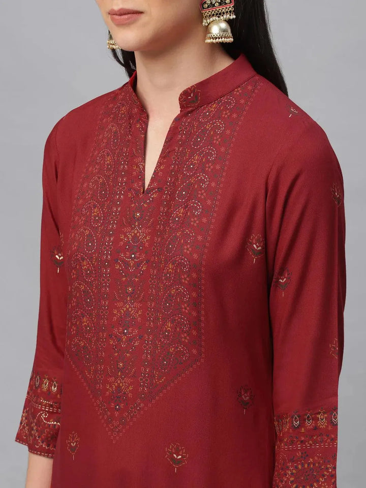 Maroon Printed Rayon Kurta - Libas