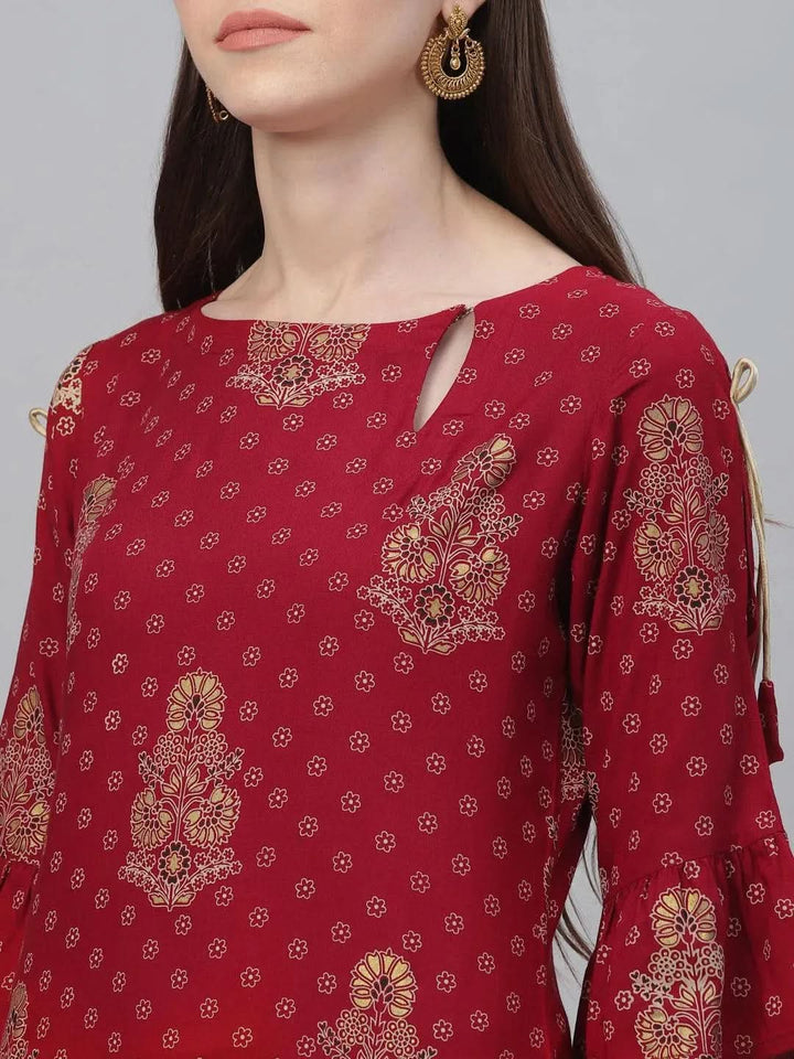 Maroon Printed Rayon Kurta - Libas