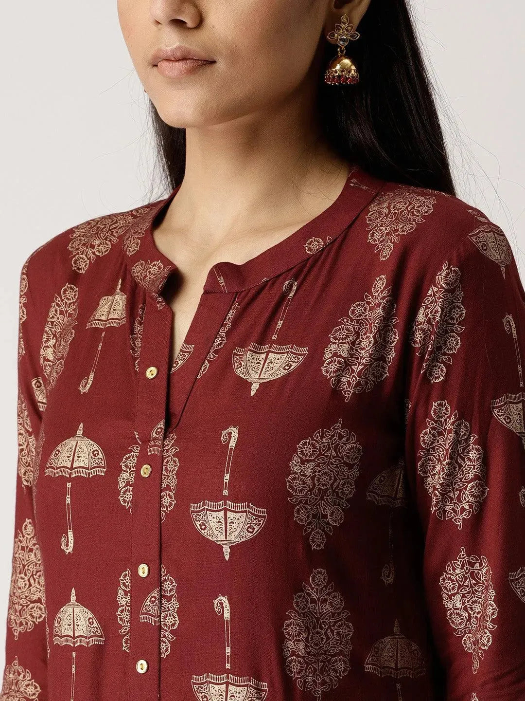 Maroon Printed Rayon Kurta - Libas