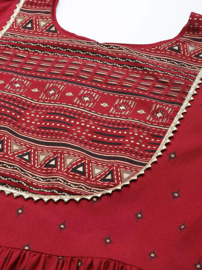 Maroon Printed Rayon Kurta - Libas