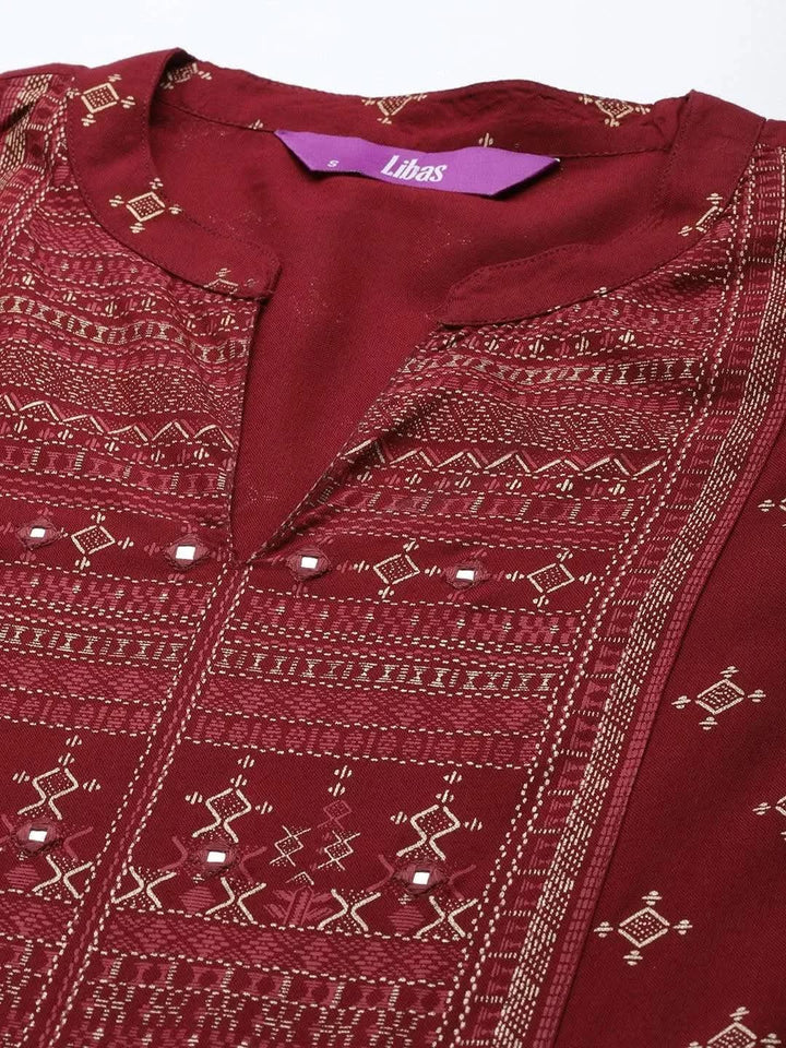 Maroon Printed Rayon Kurta - Libas