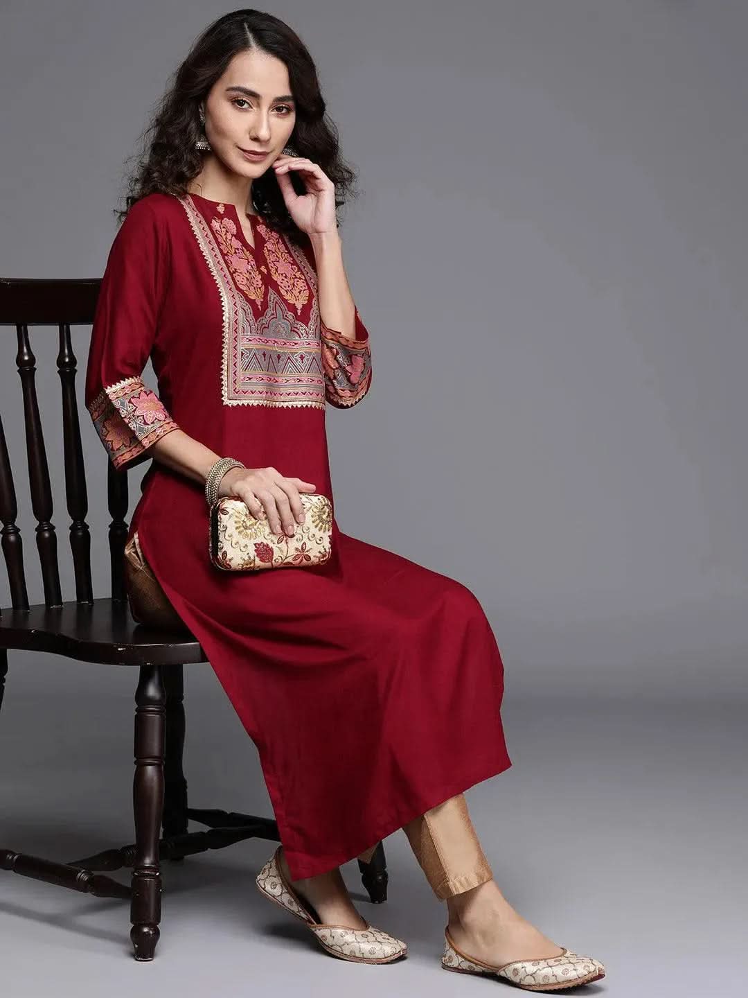 Maroon Printed Rayon Kurta - Libas 