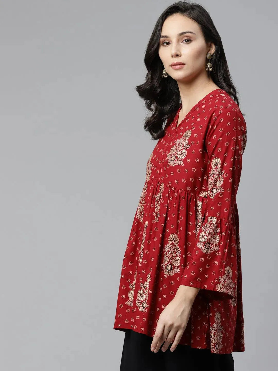 Maroon Printed Rayon Kurti - Libas