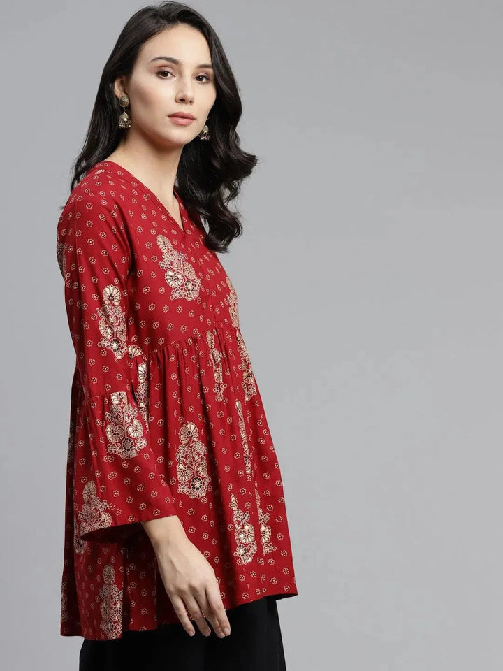 Maroon Printed Rayon Kurti - Libas