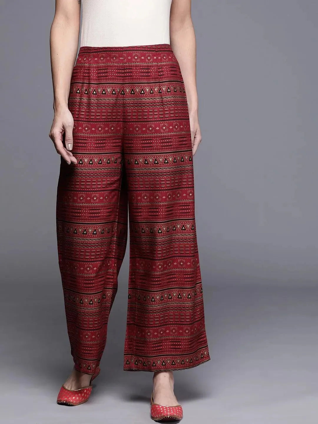 Maroon Printed Rayon Palazzos - Libas