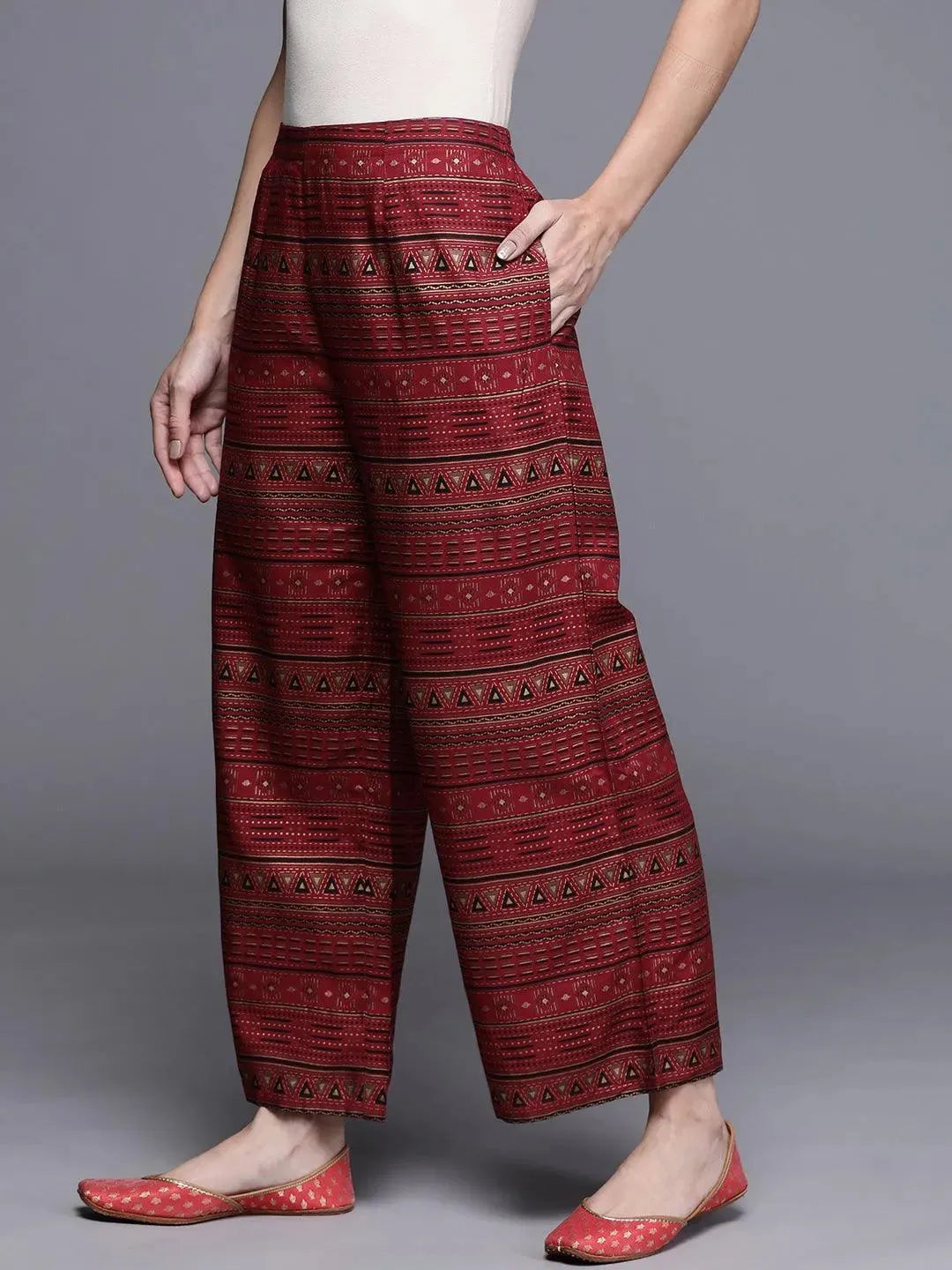 Maroon Printed Rayon Palazzos - Libas