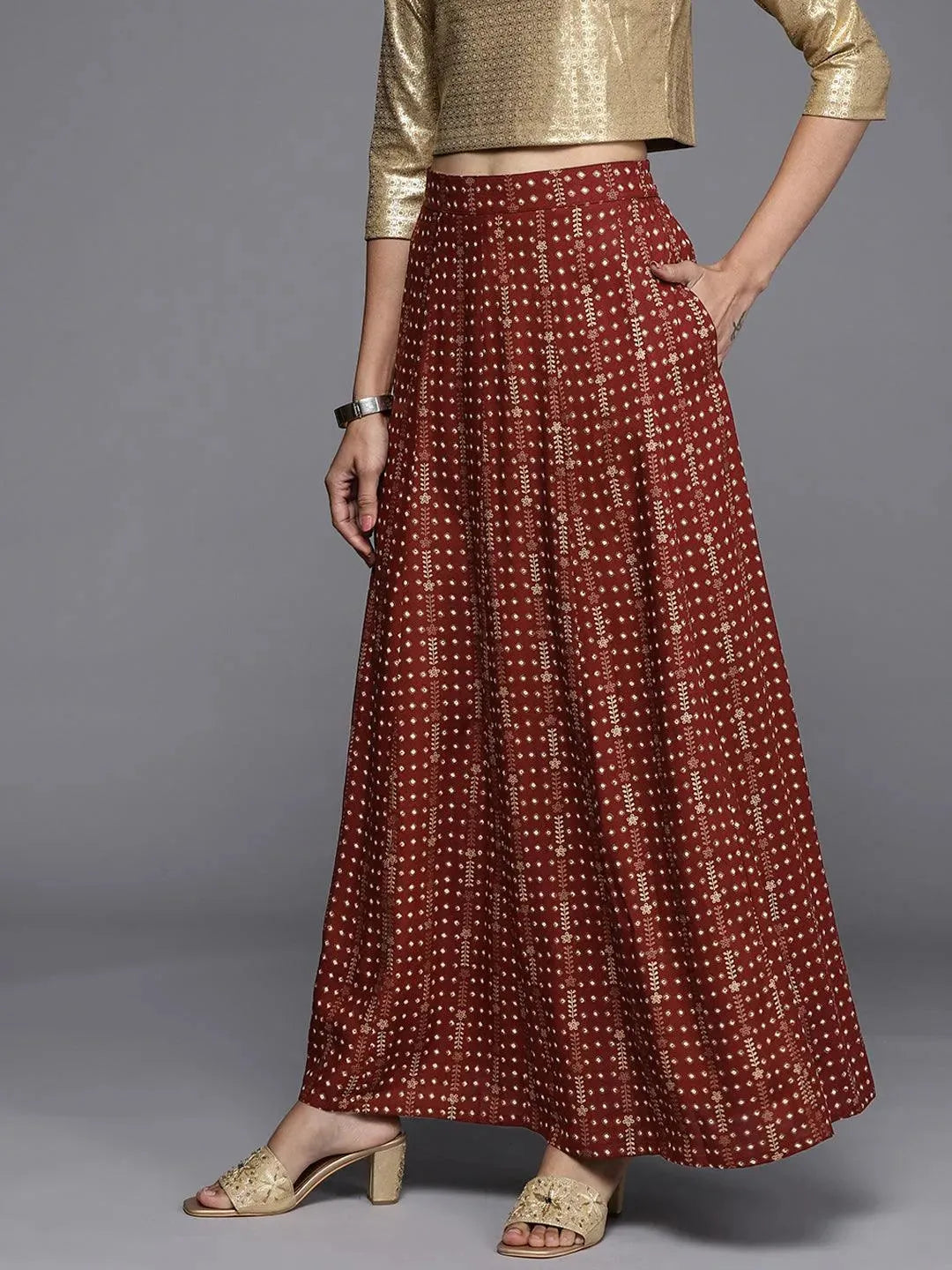 Maroon Printed Rayon Skirt - Libas