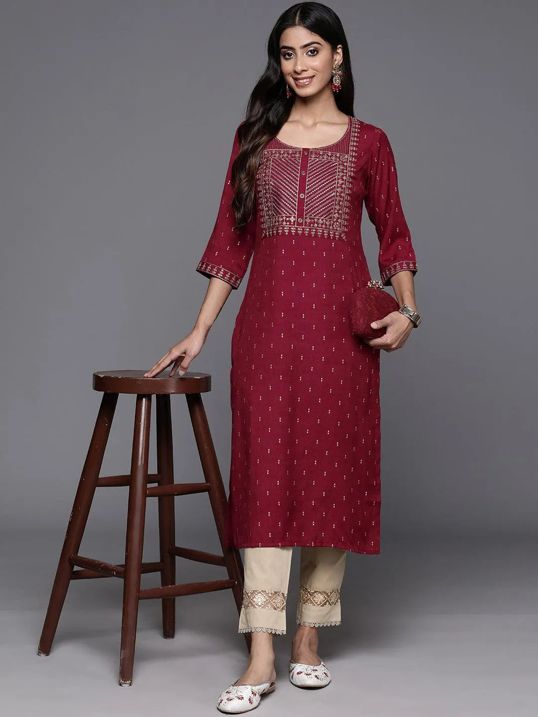 Maroon Printed Rayon Straight Kurta - Libas 