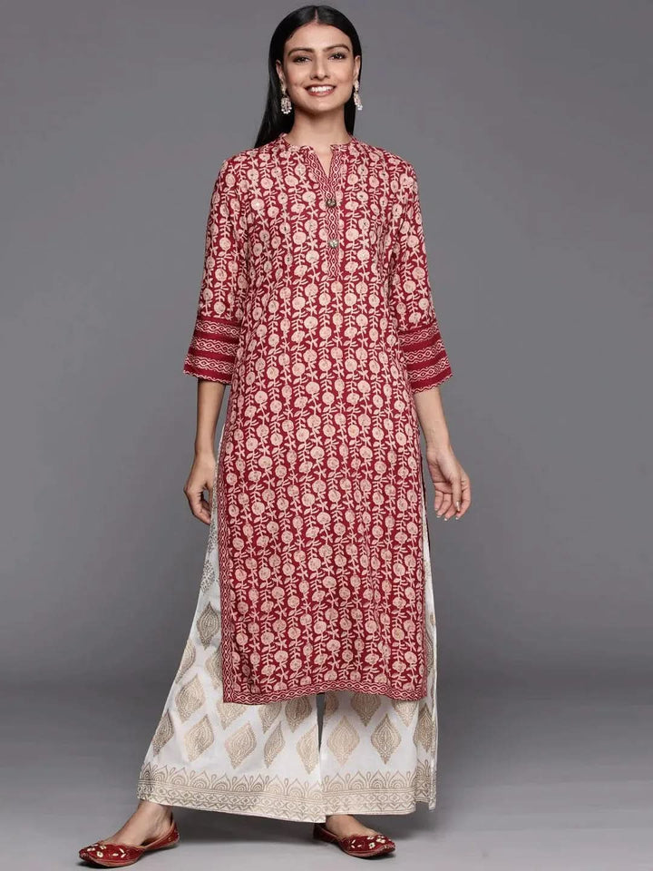 Maroon Printed Rayon Straight Kurta - Libas