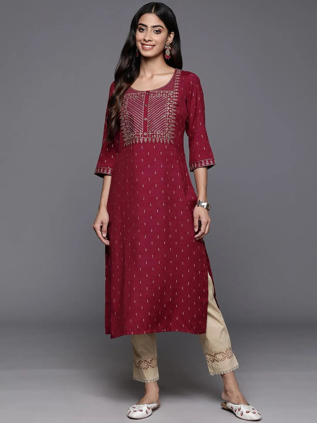 Maroon Printed Rayon Straight Kurta - Libas 