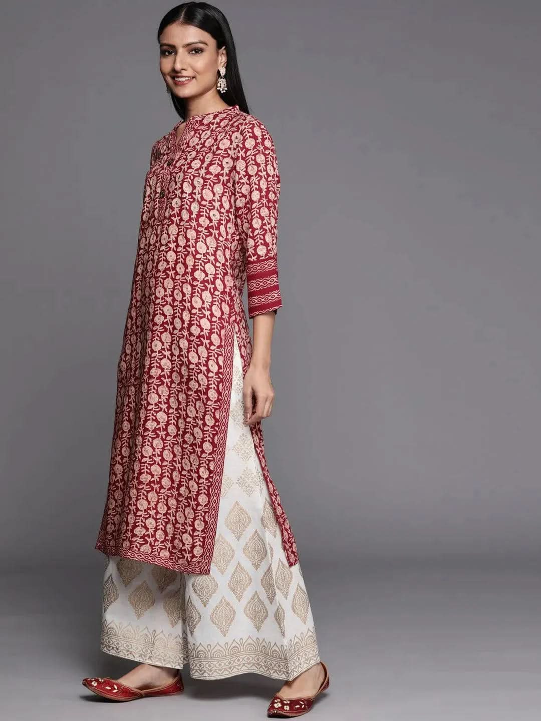 Maroon Printed Rayon Straight Kurta - Libas 
