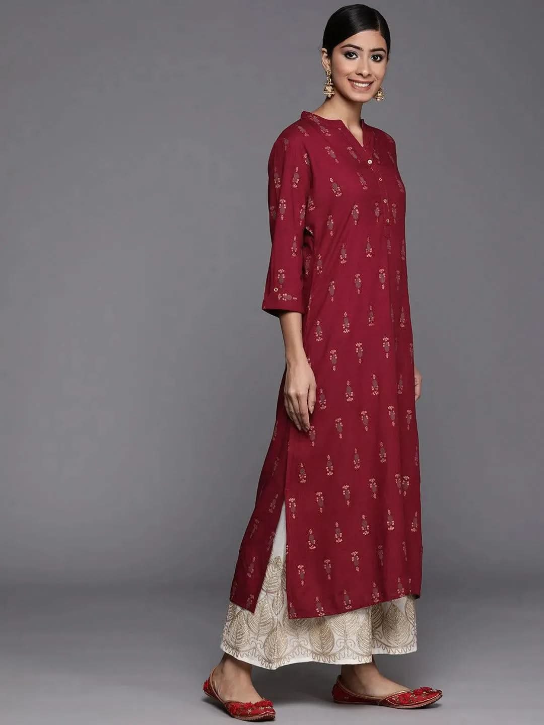 Maroon Printed Rayon Straight Kurta - Libas 