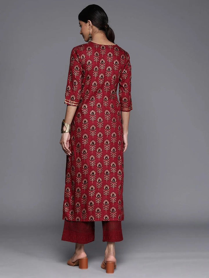 Maroon Printed Rayon Straight Kurta - Libas