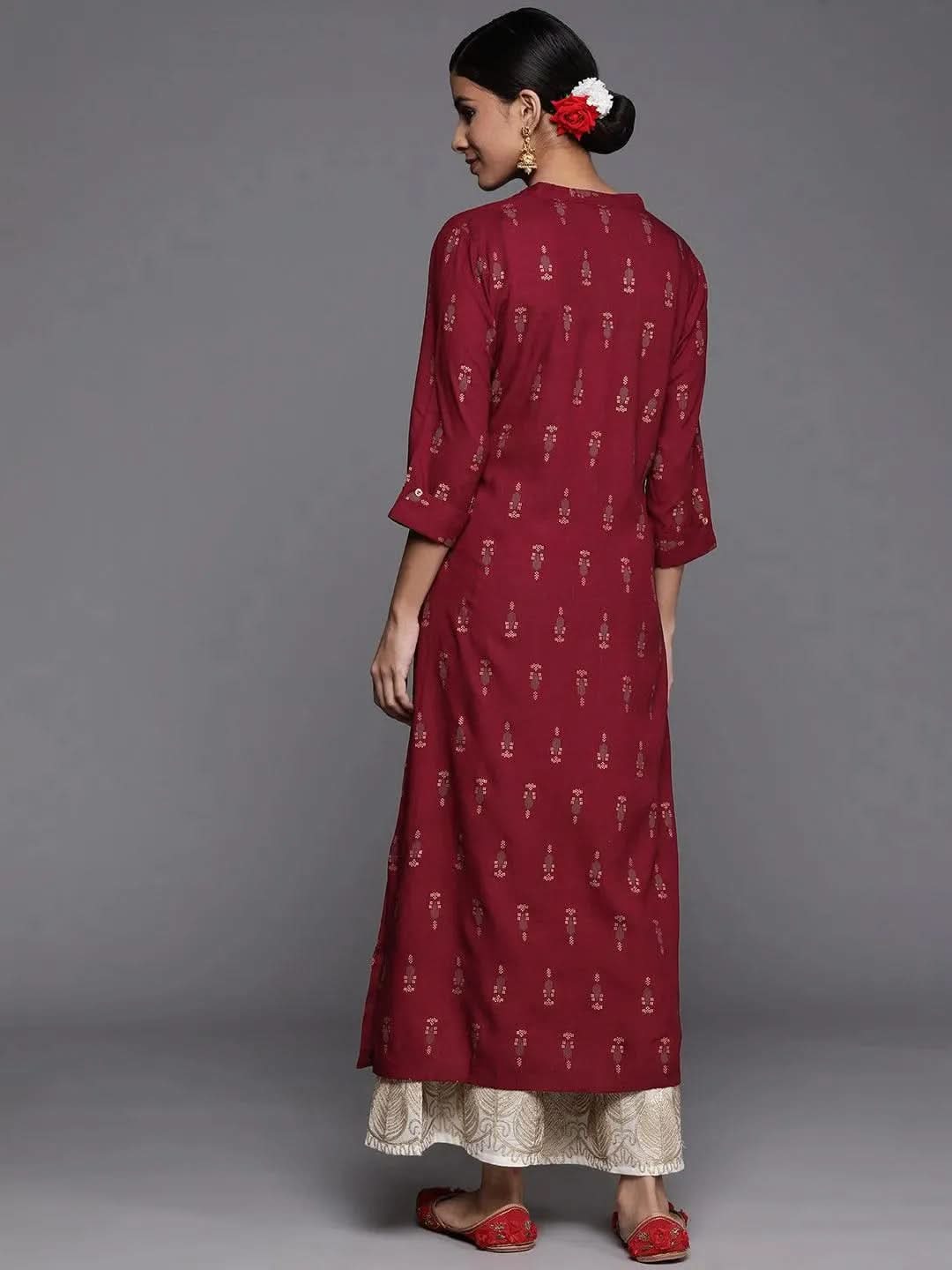 Maroon Printed Rayon Straight Kurta - Libas 
