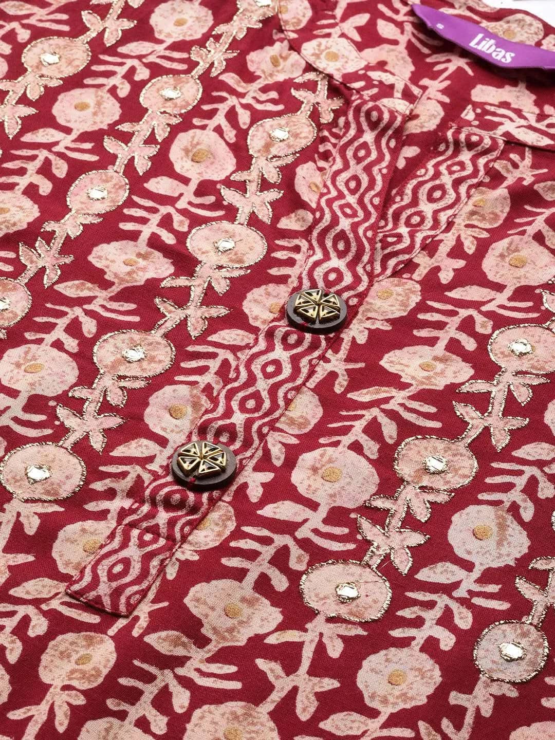 Maroon Printed Rayon Straight Kurta - Libas 