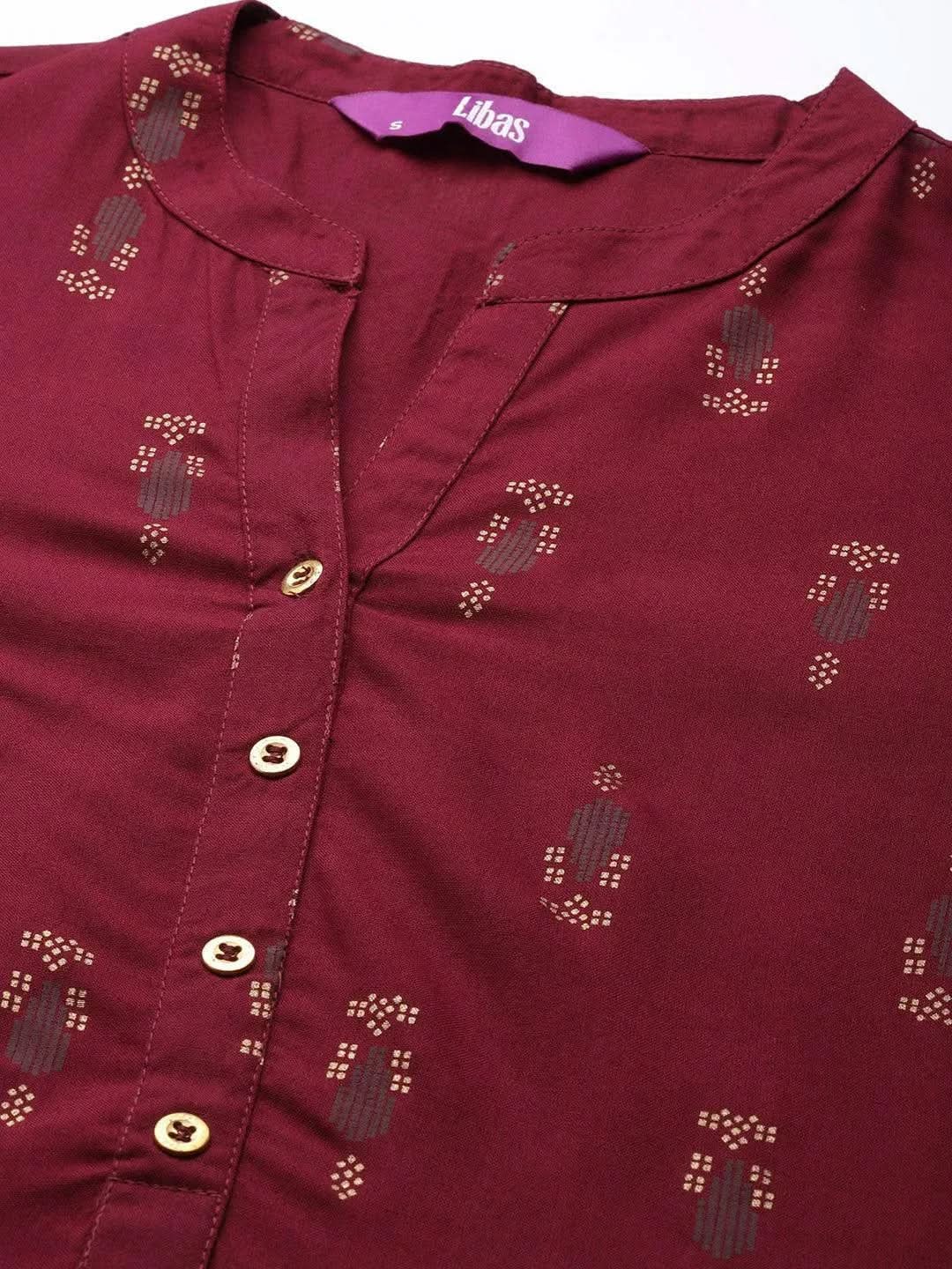 Maroon Printed Rayon Straight Kurta - Libas 