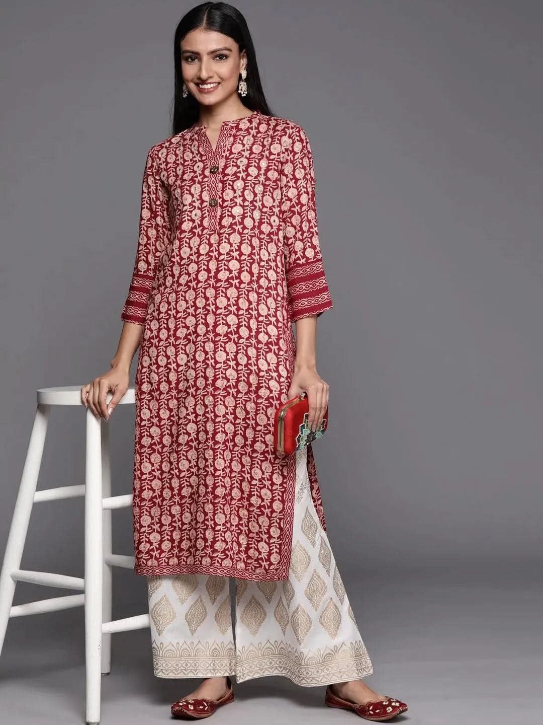 Maroon Printed Rayon Straight Kurta - Libas 