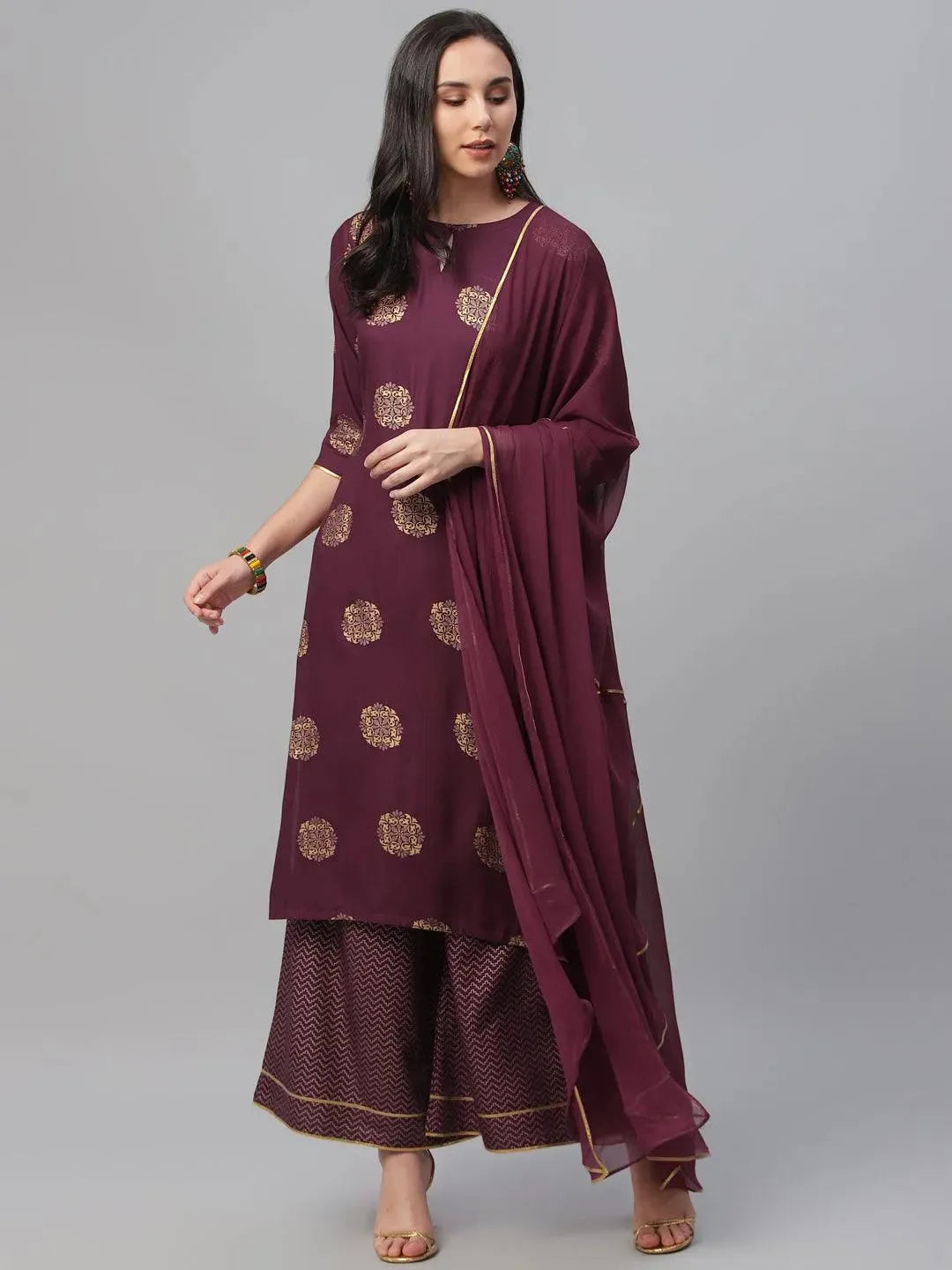 Maroon Printed Rayon Suit Set - Libas