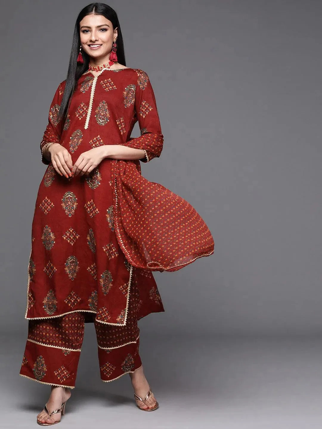 Maroon Printed Rayon Suit Set - Libas