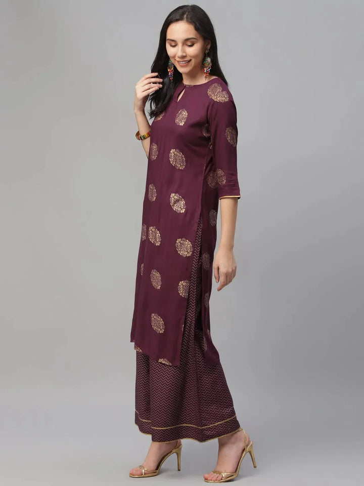 Maroon Printed Rayon Suit Set - Libas