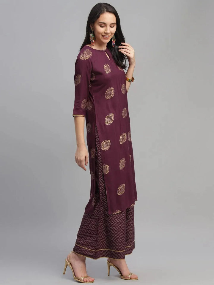 Maroon Printed Rayon Suit Set - Libas