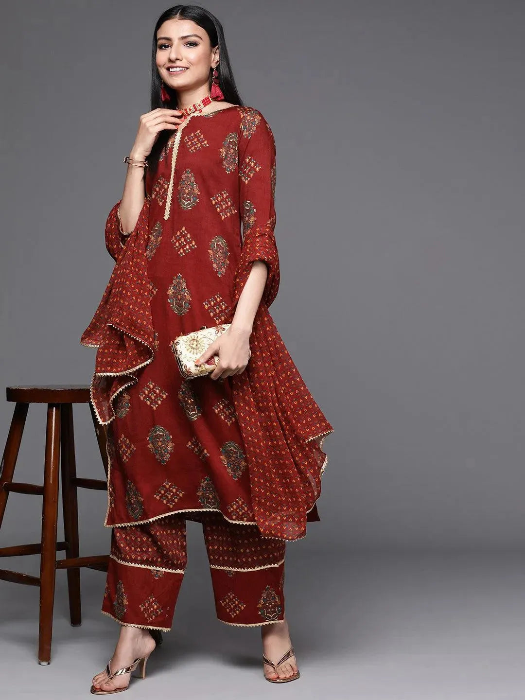 Maroon Printed Rayon Suit Set - Libas