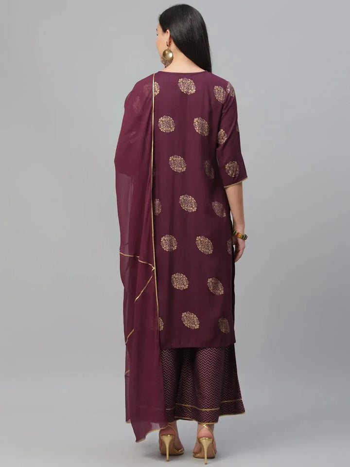 Maroon Printed Rayon Suit Set - Libas