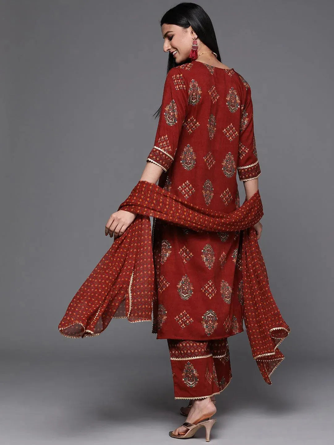 Maroon Printed Rayon Suit Set - Libas